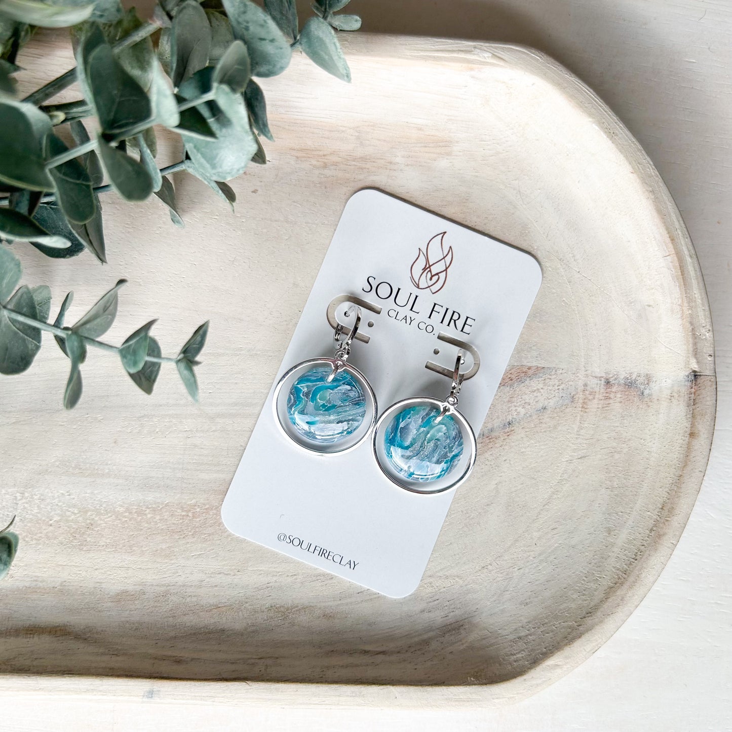 Teal & Silver Marbled Circle Drop - Fall Statement Earrings