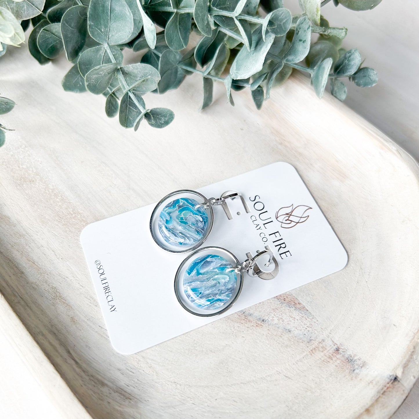 Teal & Silver Marbled Circle Drop - Fall Statement Earrings