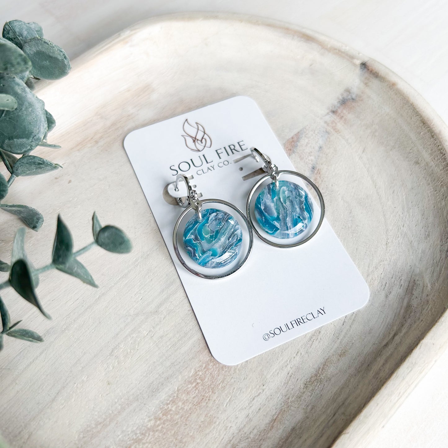 Teal & Silver Marbled Circle Drop - Fall Statement Earrings