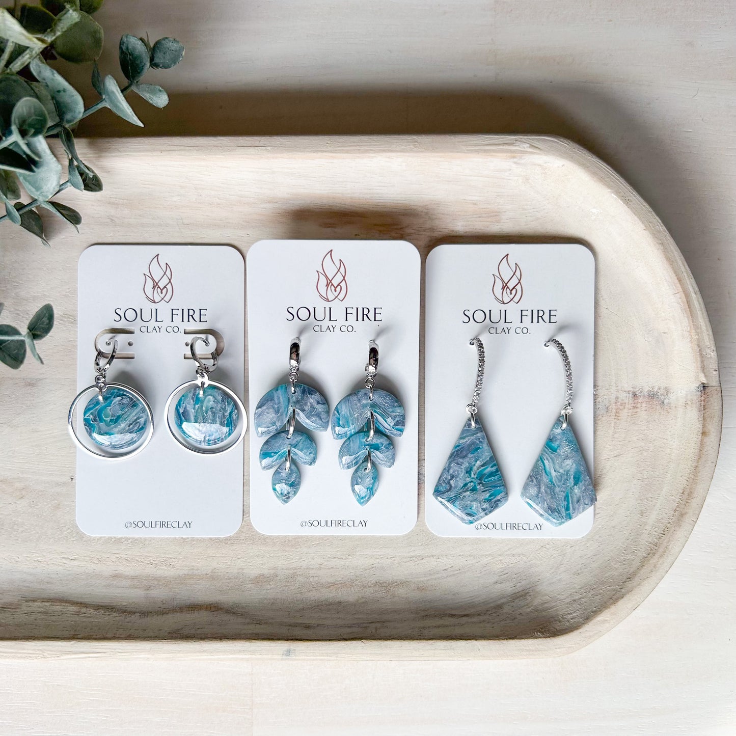Teal & Silver Marbled Circle Drop - Fall Statement Earrings