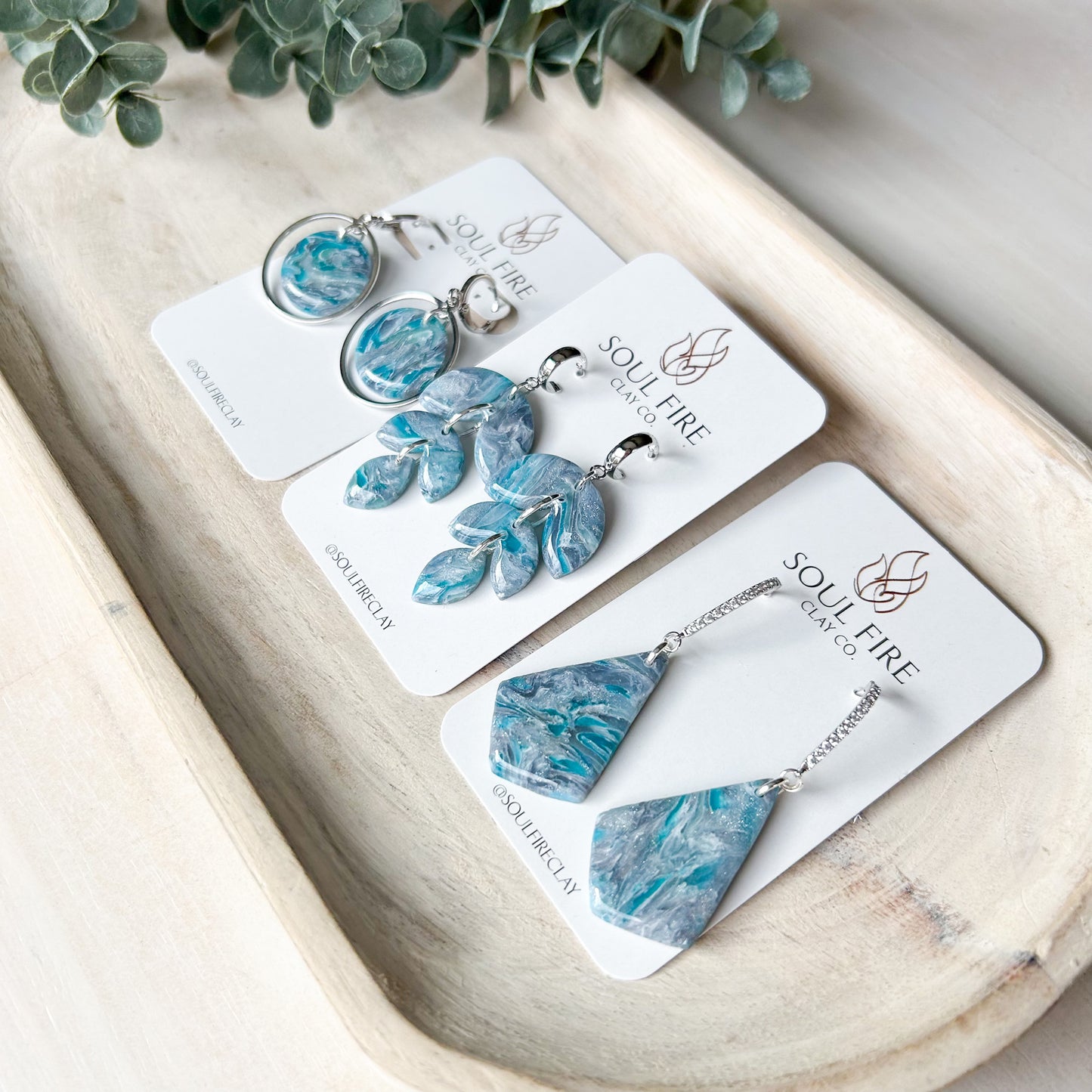 Teal & Silver Marbled Circle Drop - Fall Statement Earrings