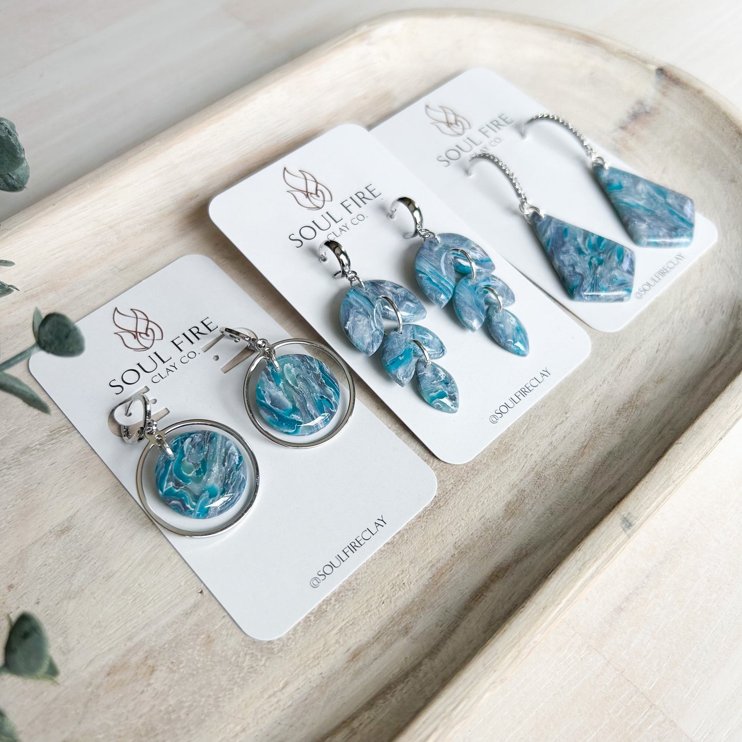 Teal & Silver Marbled Circle Drop - Fall Statement Earrings