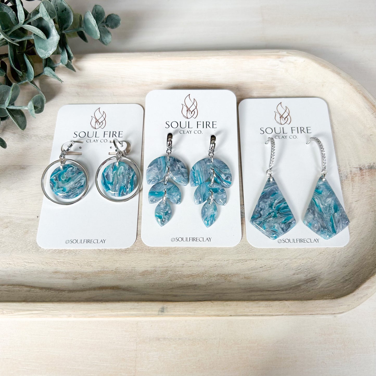 Teal & Silver Marbled Circle Drop - Fall Statement Earrings
