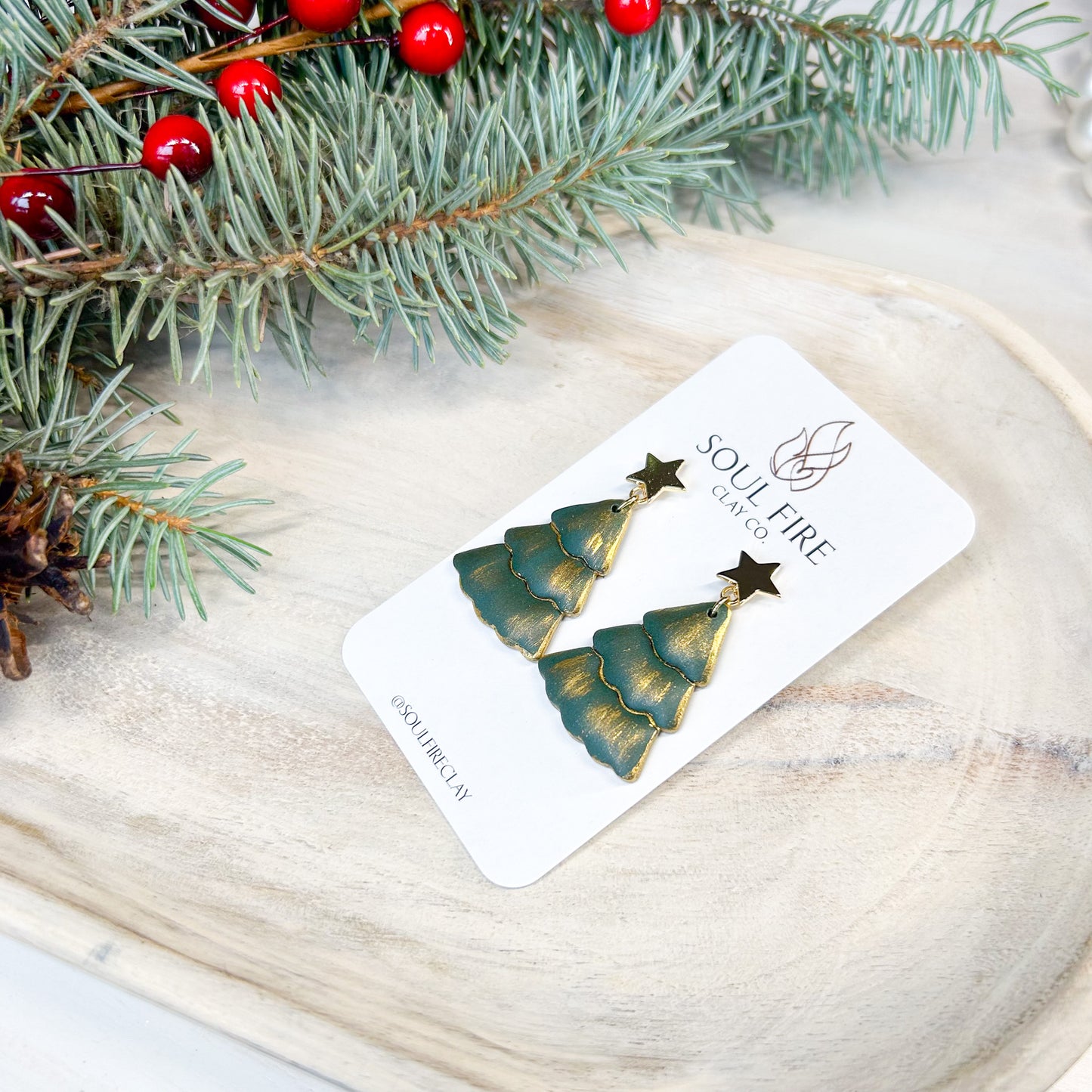 Puffy Green & Gold Tree - Christmas Statement Earrings