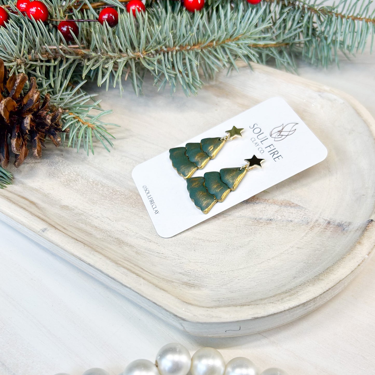 Puffy Green & Gold Tree - Christmas Statement Earrings