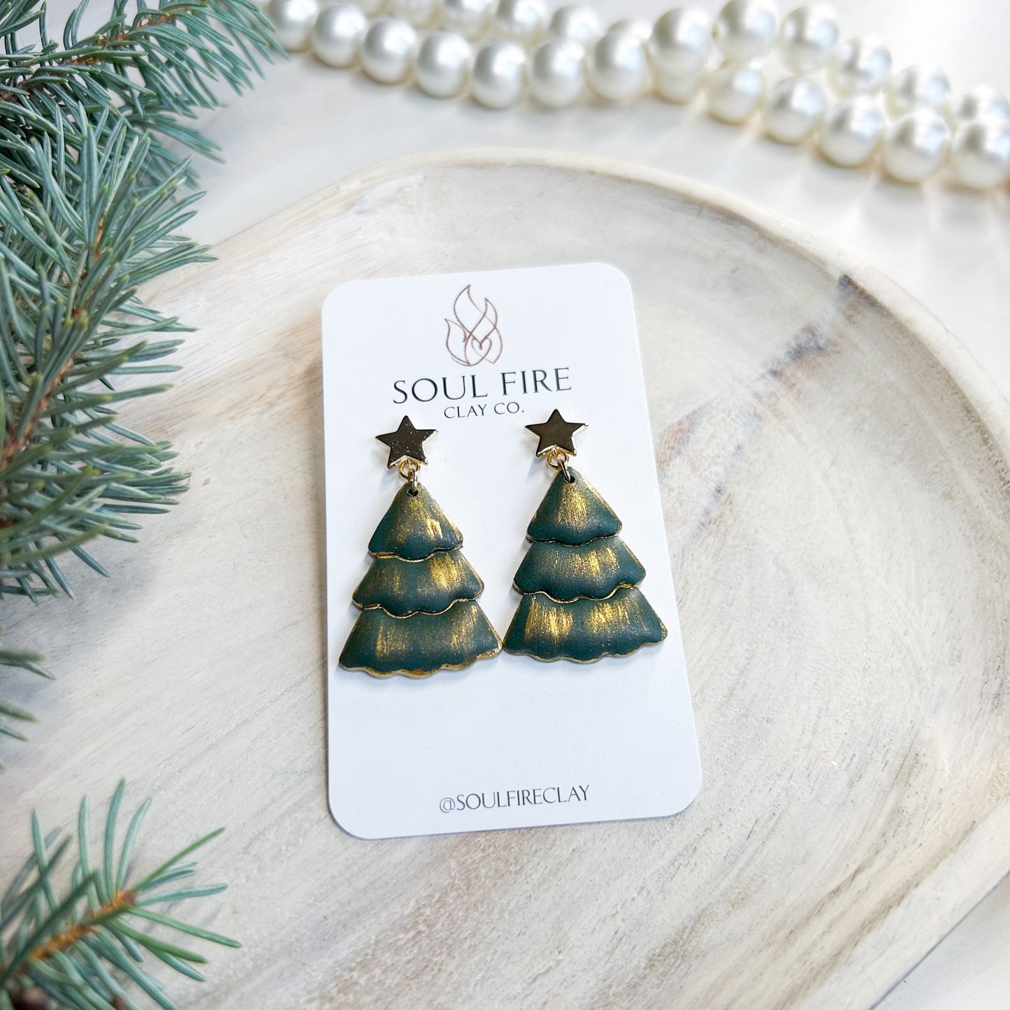Puffy Green & Gold Tree - Christmas Statement Earrings
