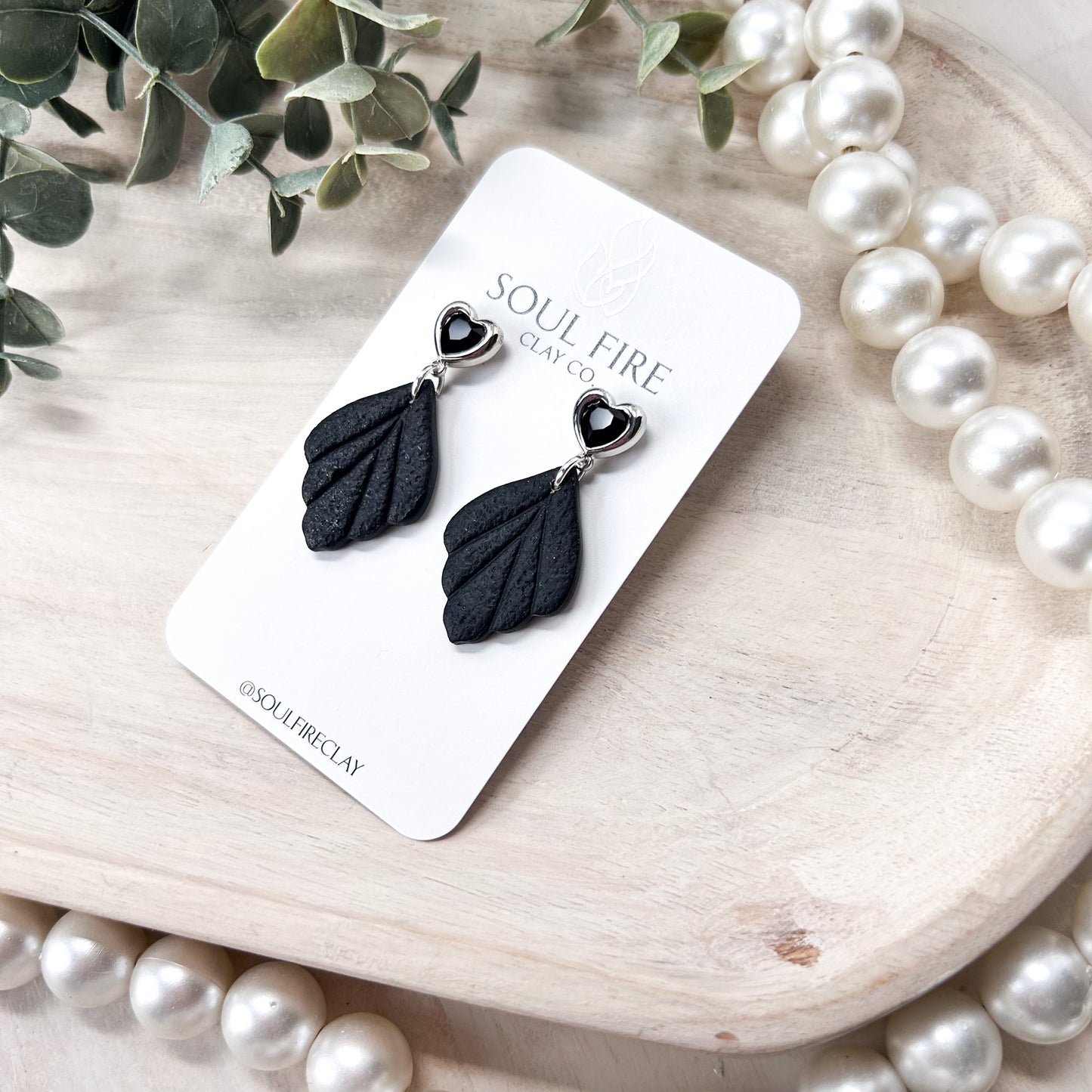 Black Heart Feather Drop Statement Earrings