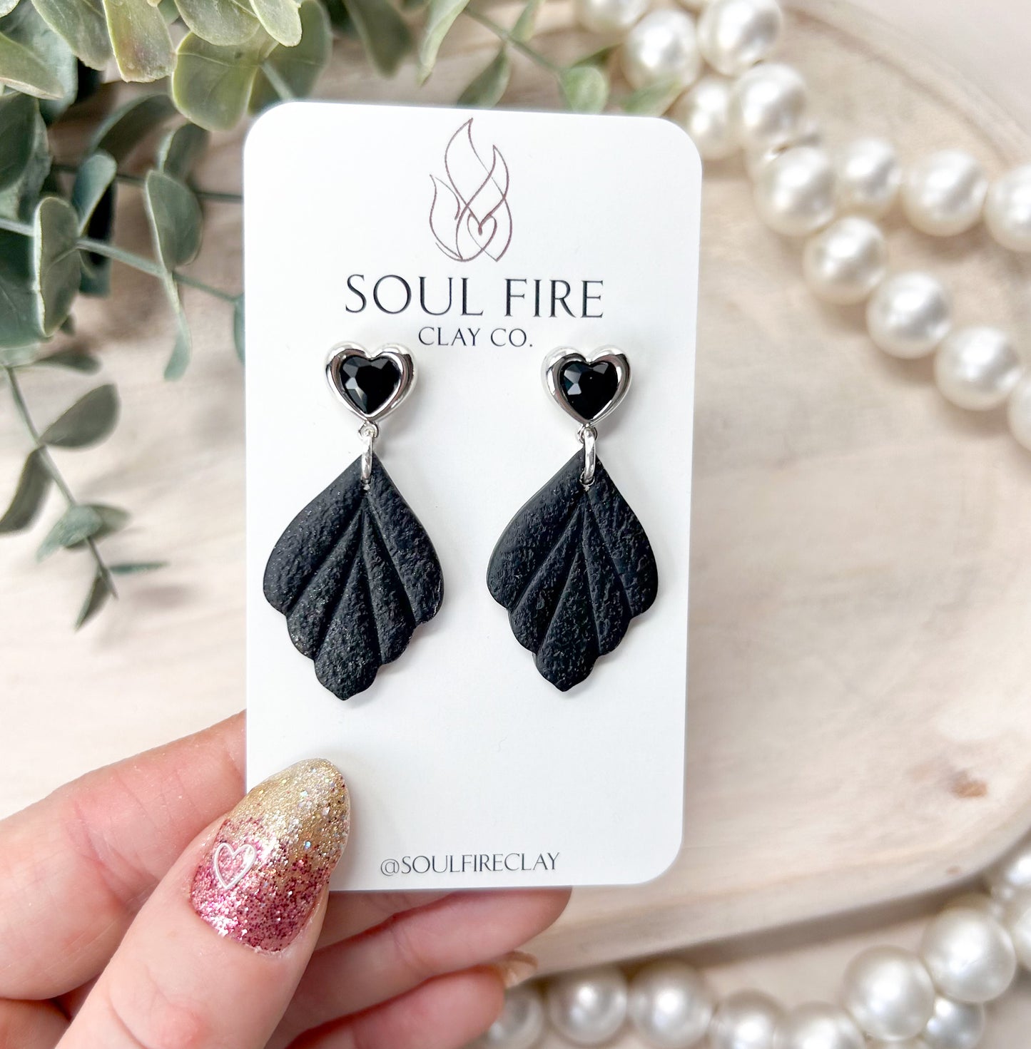 Black Heart Feather Drop Statement Earrings