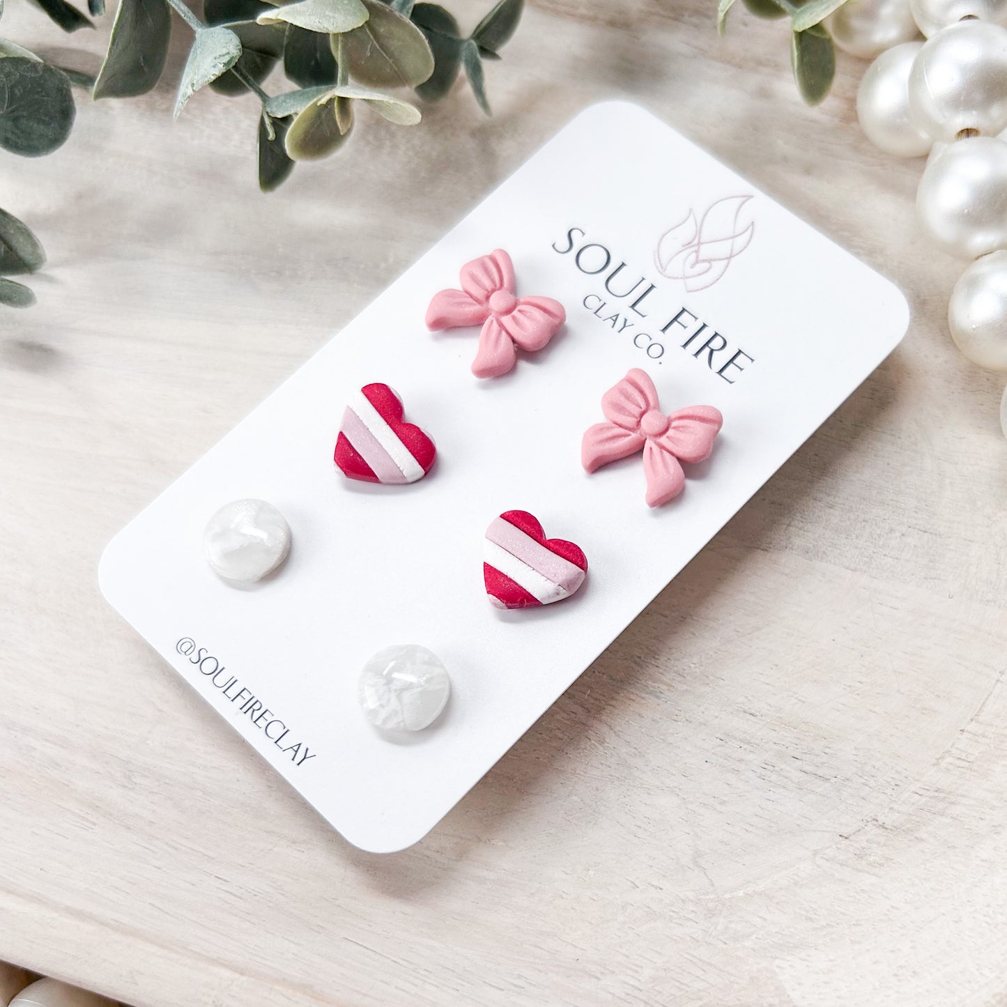 Pink Bow & Striped Heart Stud Earrings