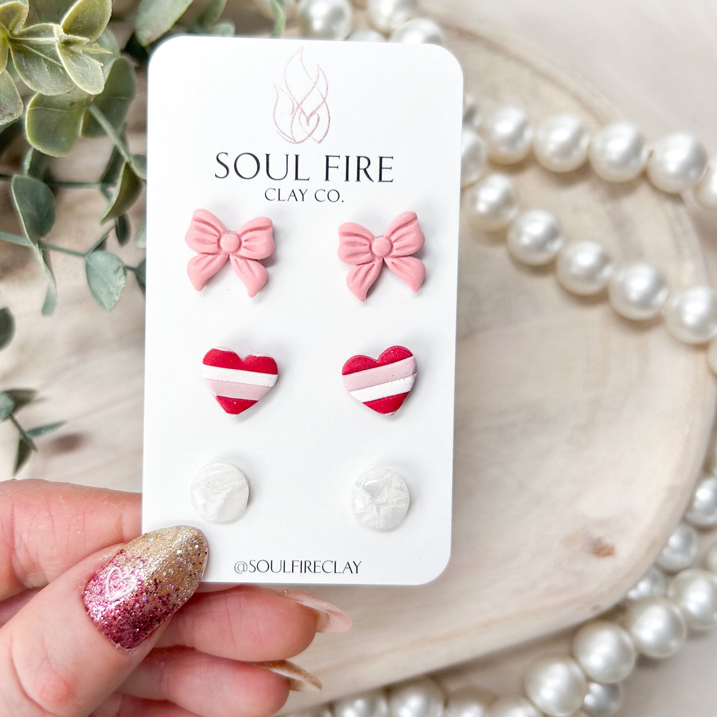 Pink Bow & Striped Heart Stud Earrings
