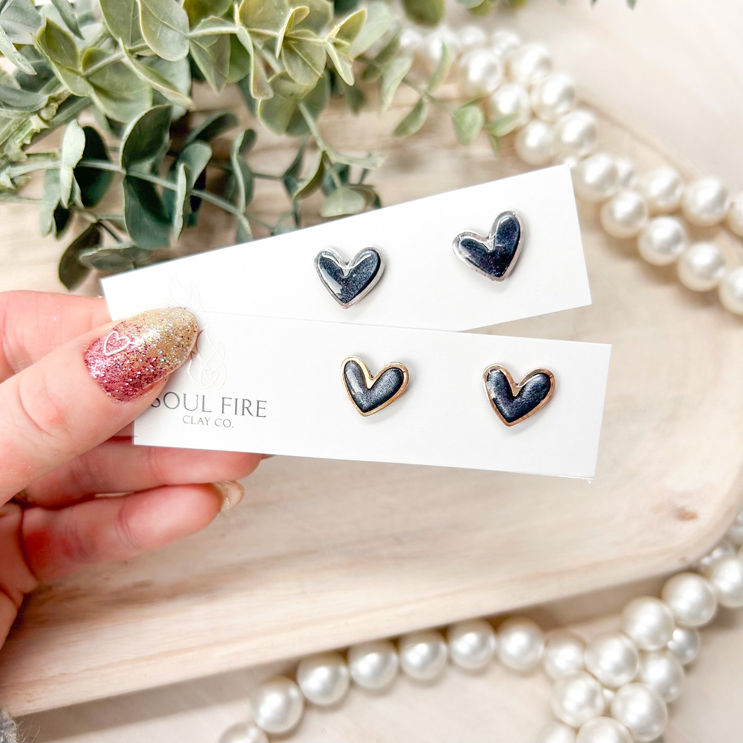 Framed Heart Stud Earrings - Pink & Black