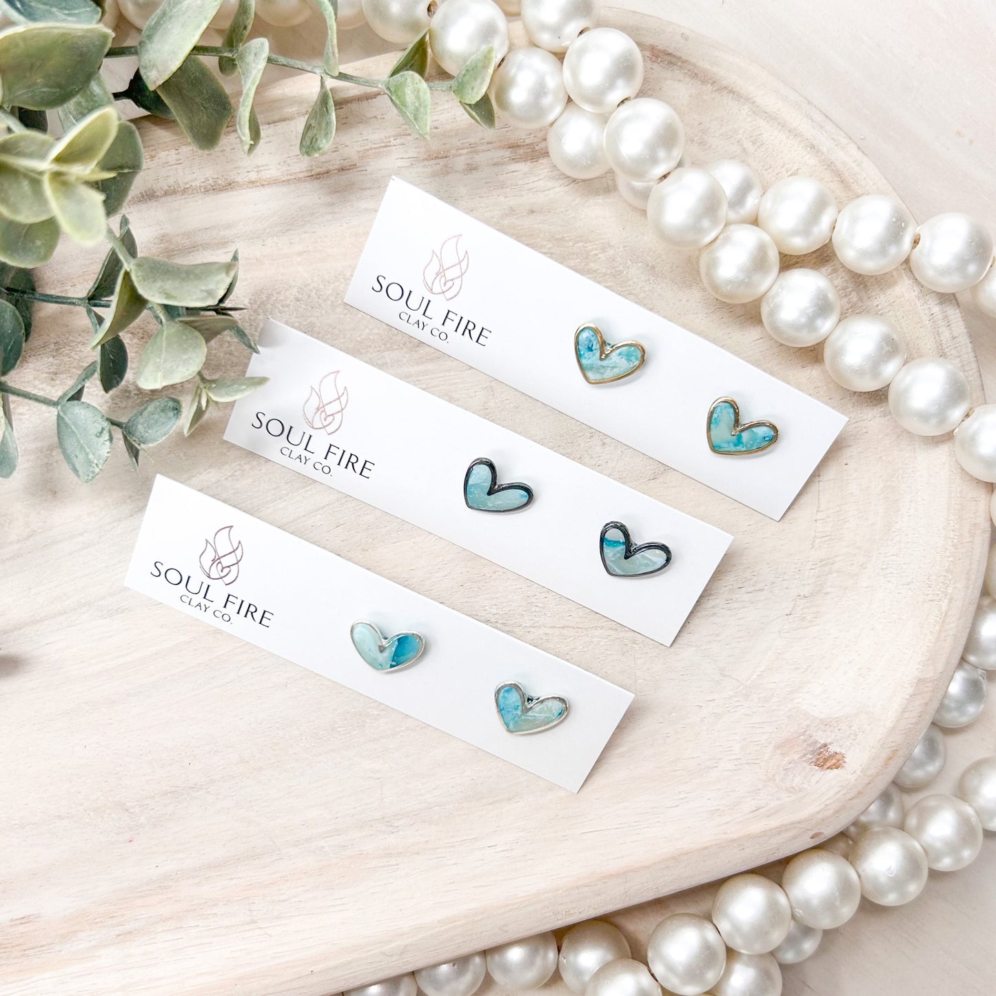 Framed Heart Stud Earrings - Marbled Teal