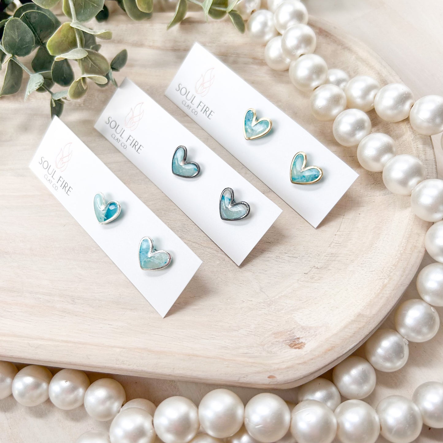 Framed Heart Stud Earrings - Marbled Teal