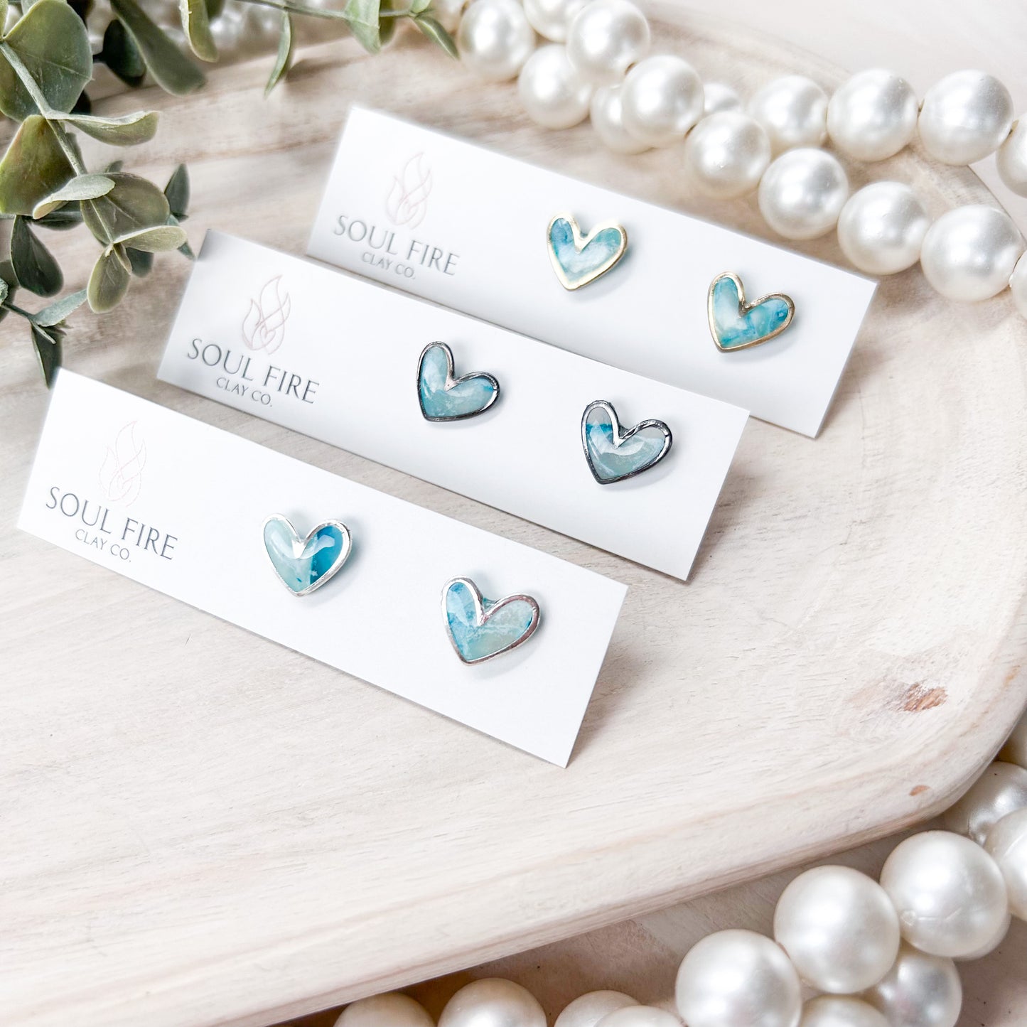 Framed Heart Stud Earrings - Marbled Teal