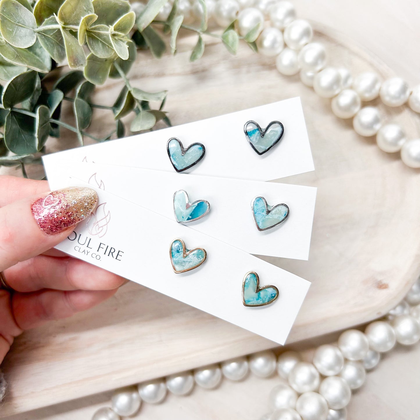 Framed Heart Stud Earrings - Marbled Teal