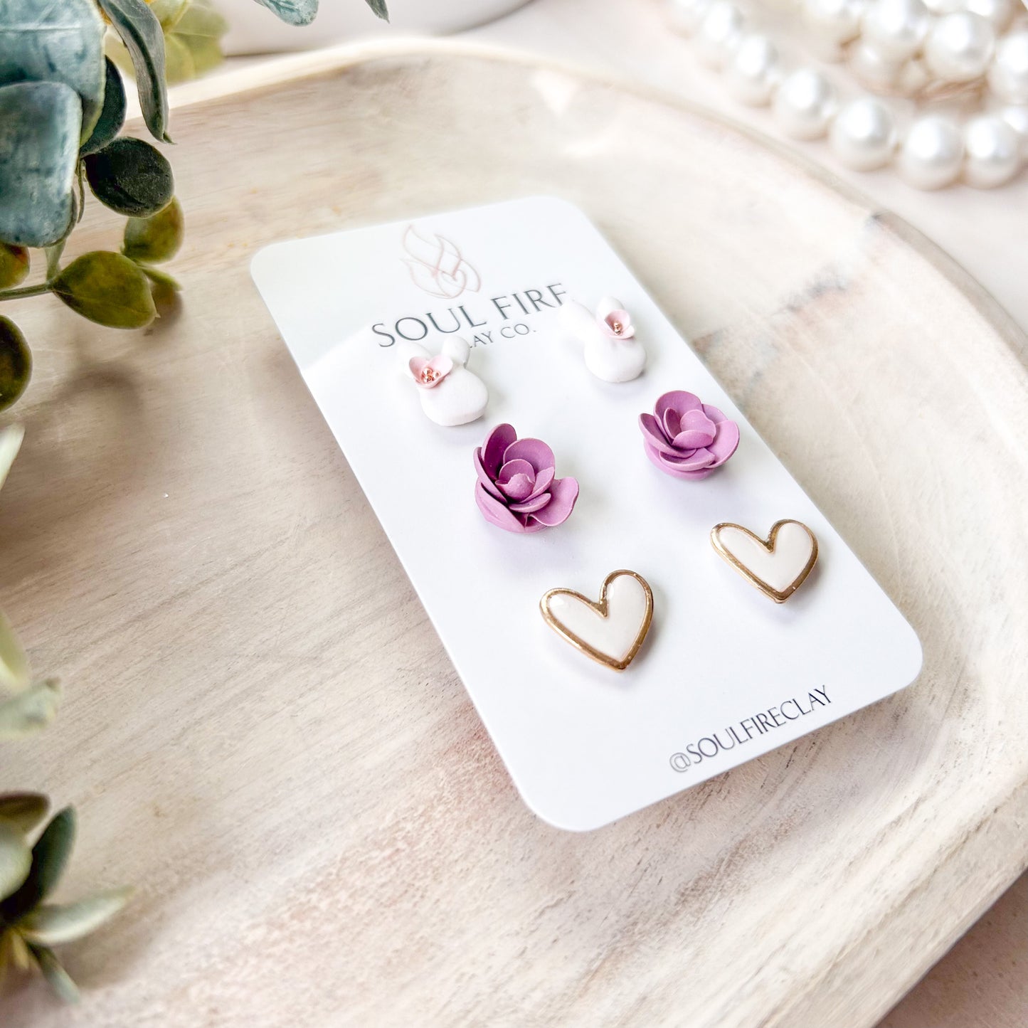 Easter Stud Set - Statement Earrings - Bunny Head, Flowers & Hearts