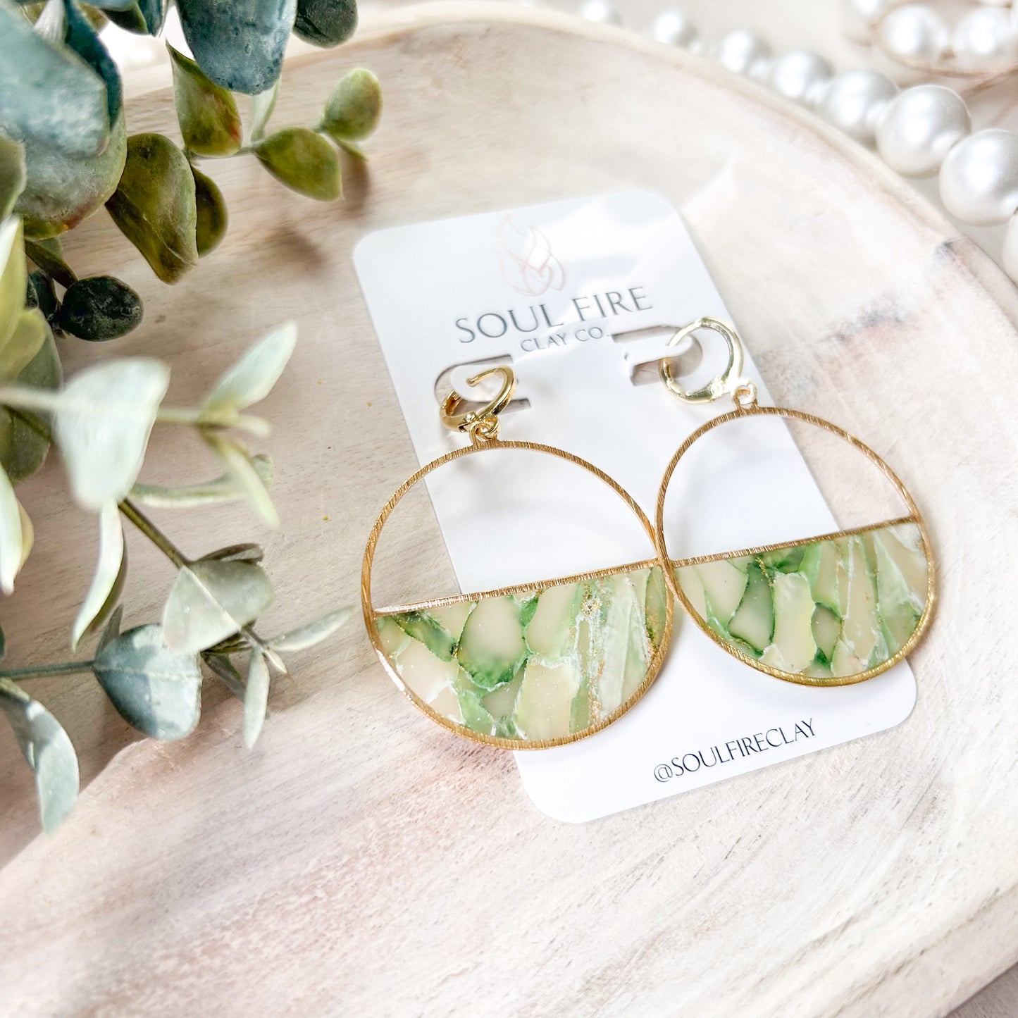 Green Marble Semi-Circle Statement Earrings