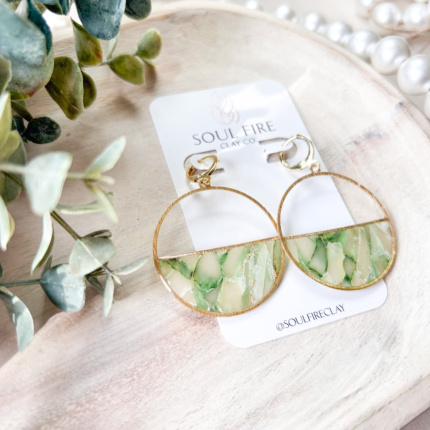 Green Marble Semi-Circle Statement Earrings
