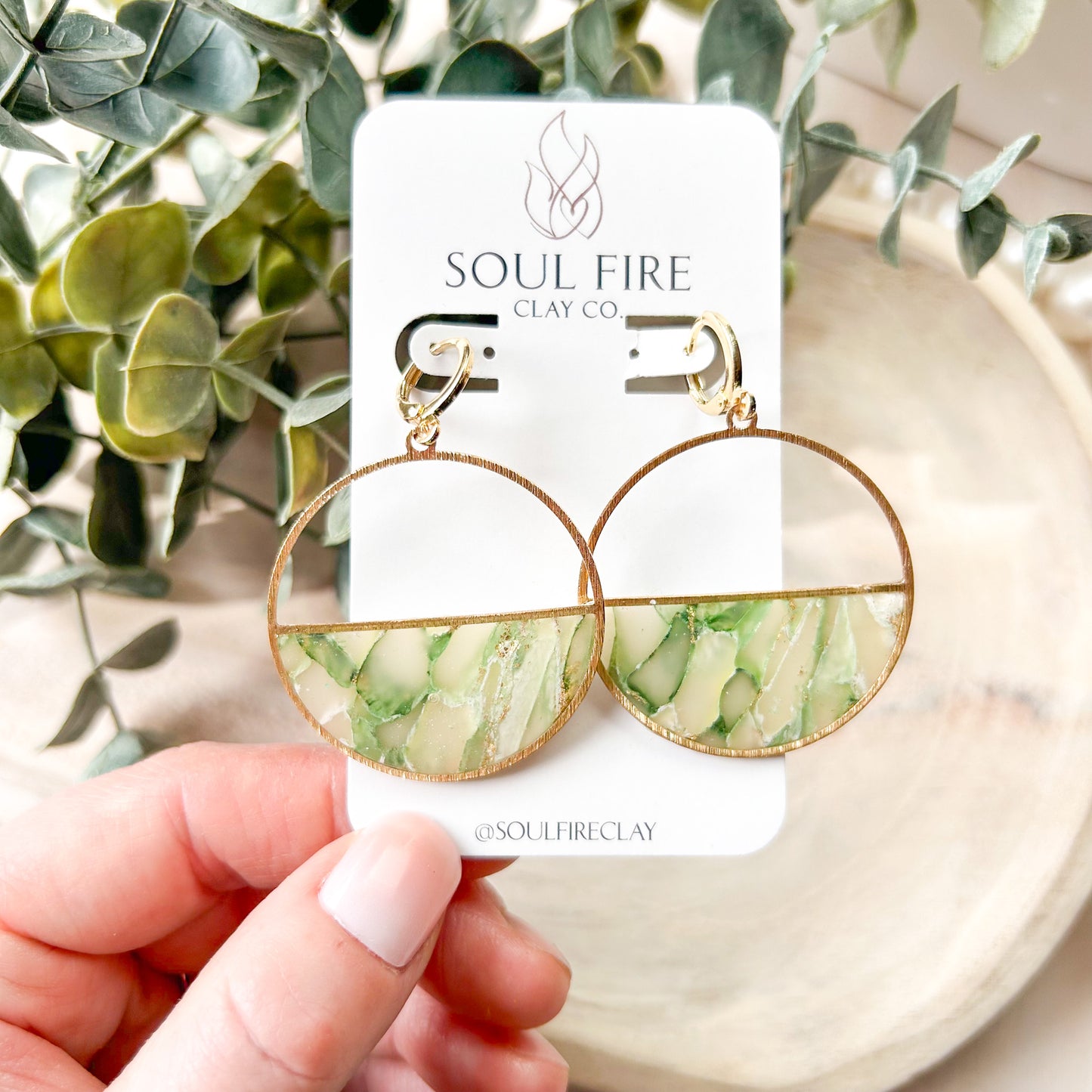 Green Marble Semi-Circle Statement Earrings