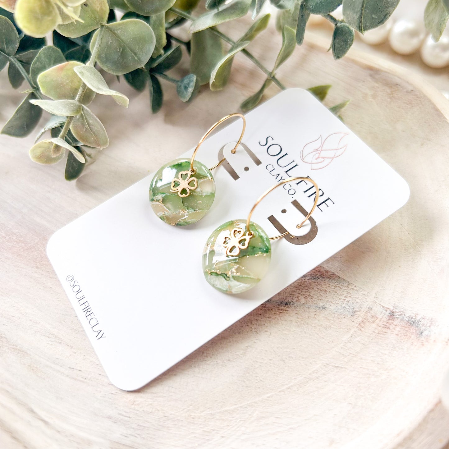 Green Marble Clover Circle Statement Earrings