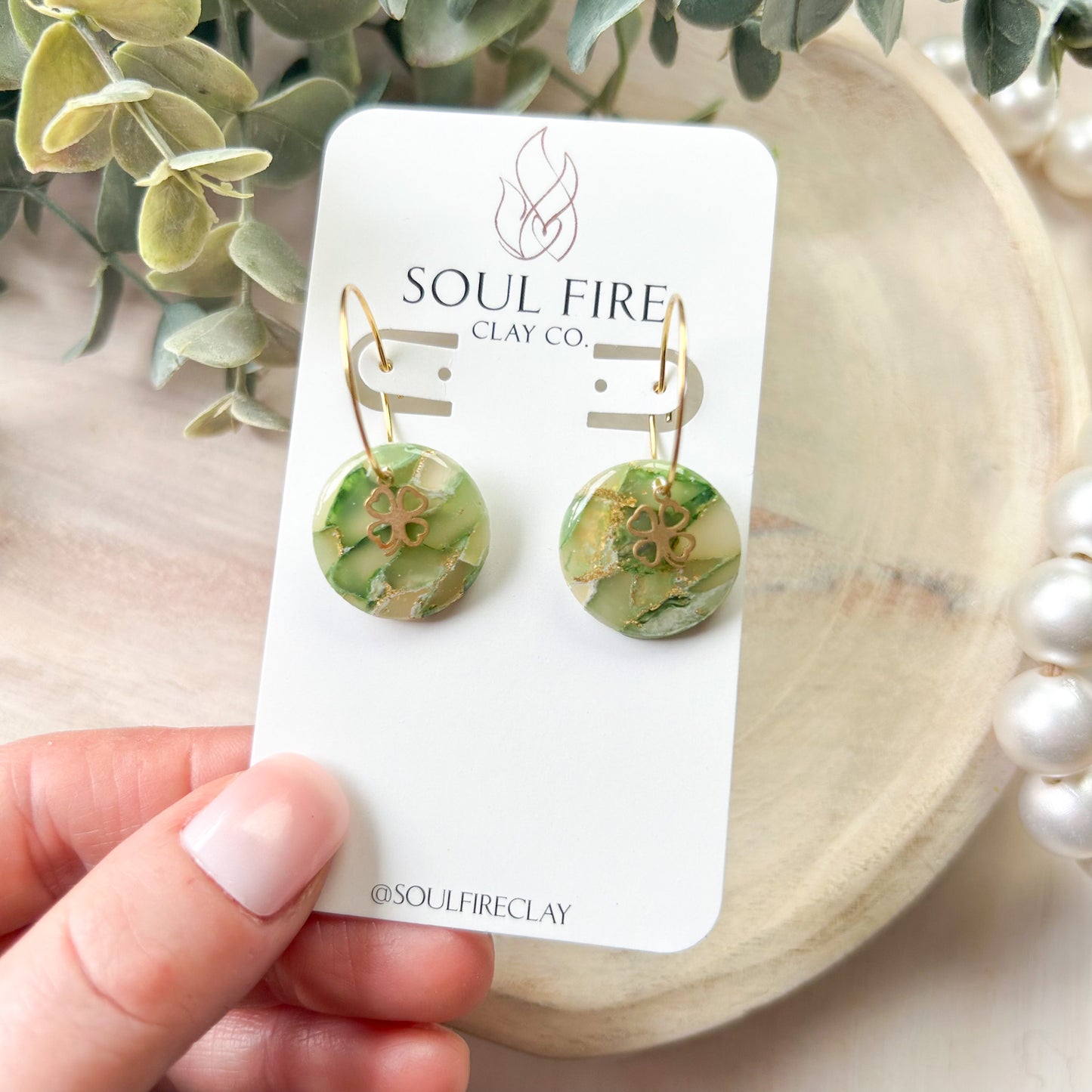 Green Marble Clover Circle Statement Earrings