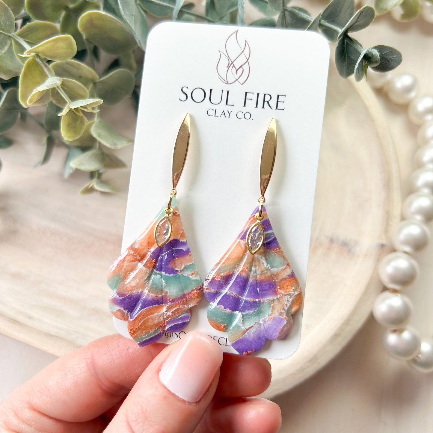 Mint, Purple & Orange Marbled Fan Drop Statement Earrings
