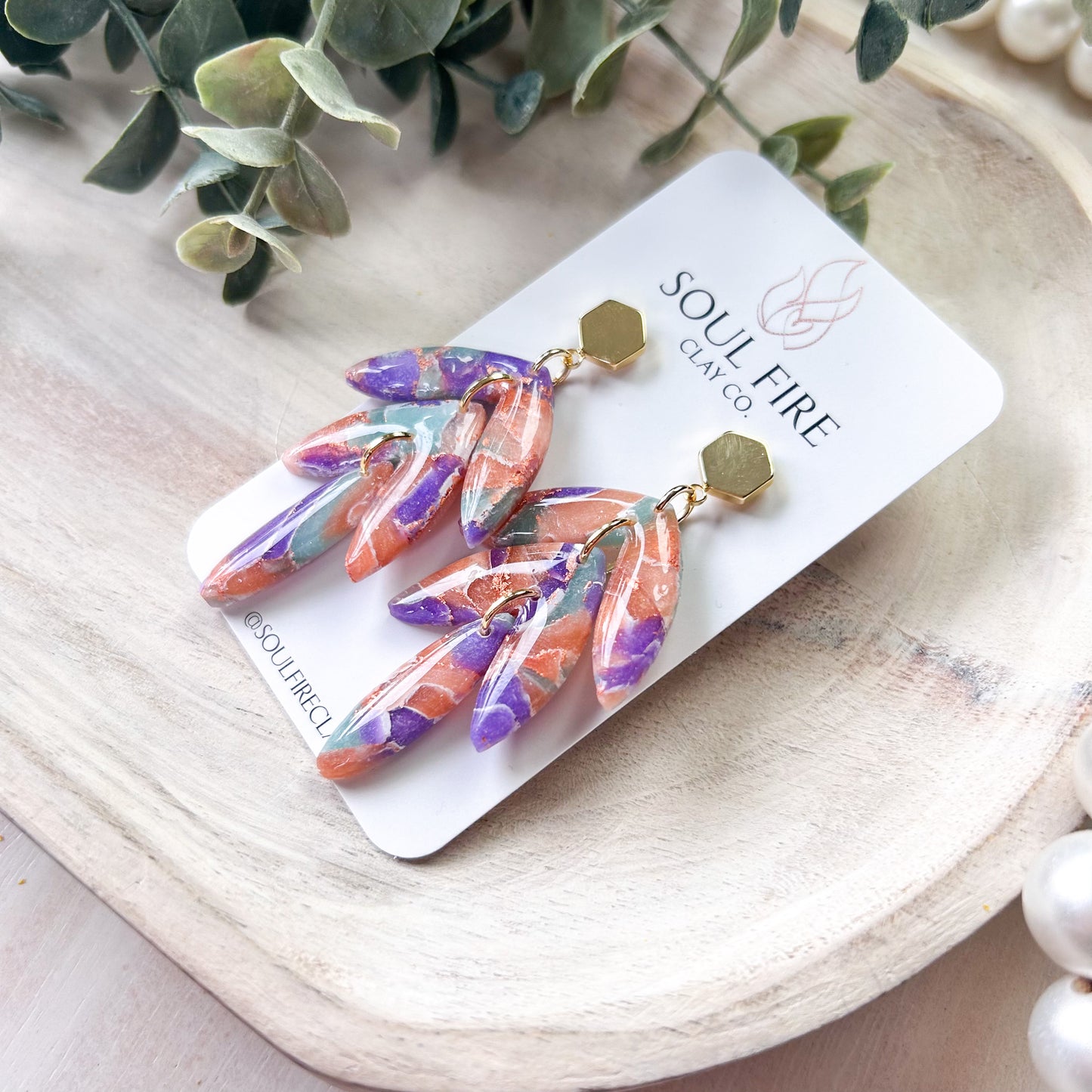 Mint, Purple & Orange Marbled Leaf Drop Statement Earrings