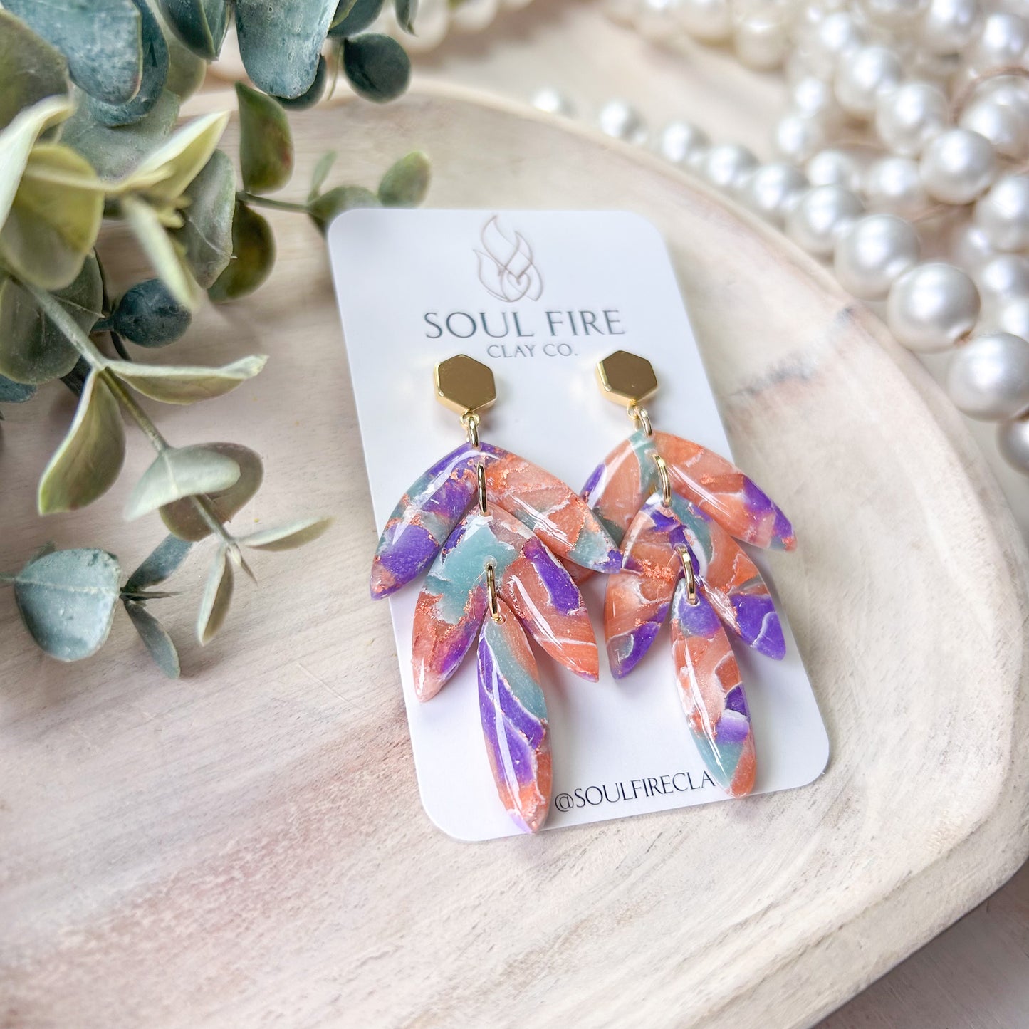 Mint, Purple & Orange Marbled Leaf Drop Statement Earrings