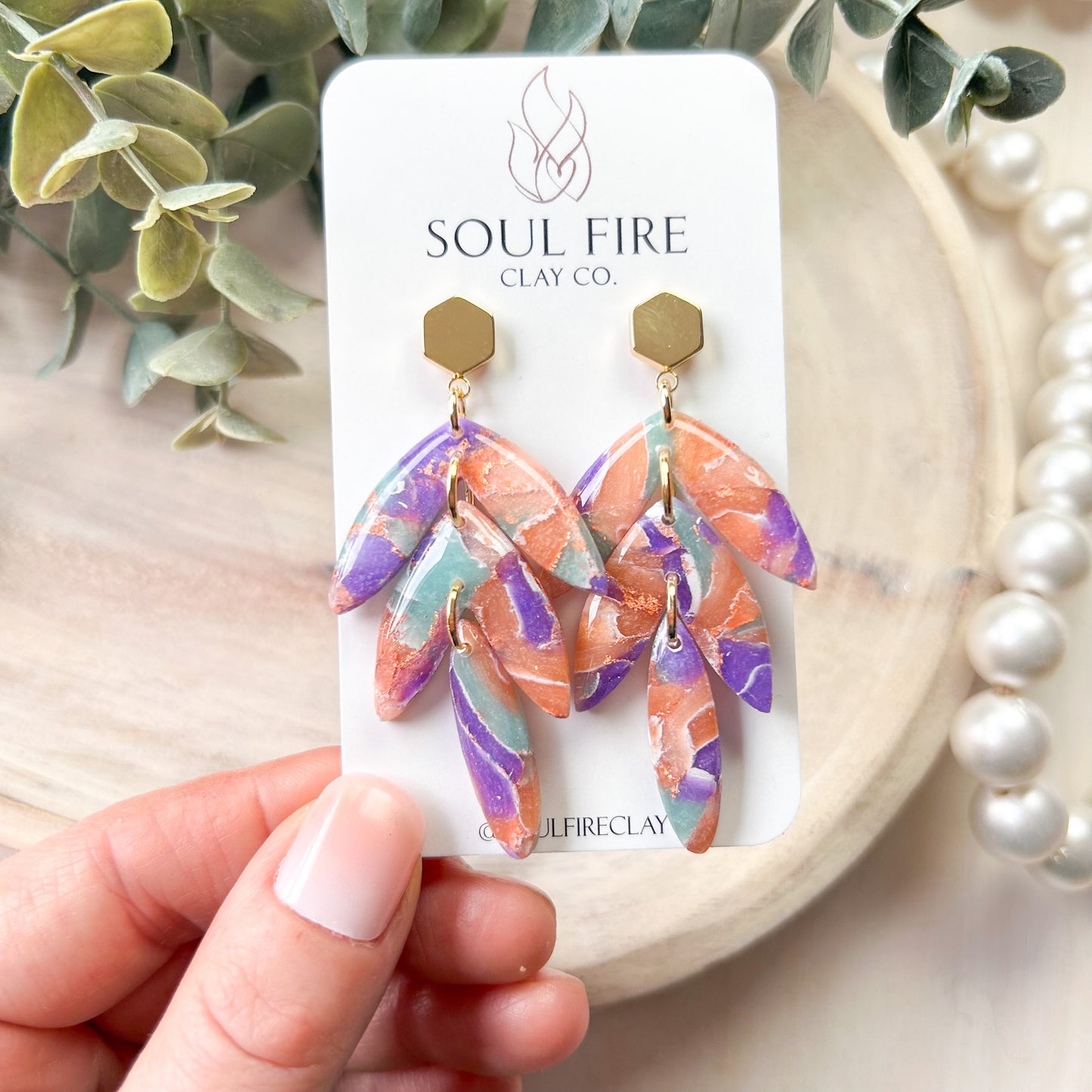Mint, Purple & Orange Marbled Leaf Drop Statement Earrings