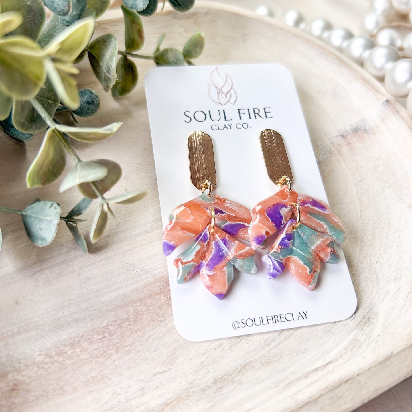 Mint, Purple & Orange Marbled Abstract Leaf Drop Statement Earrings