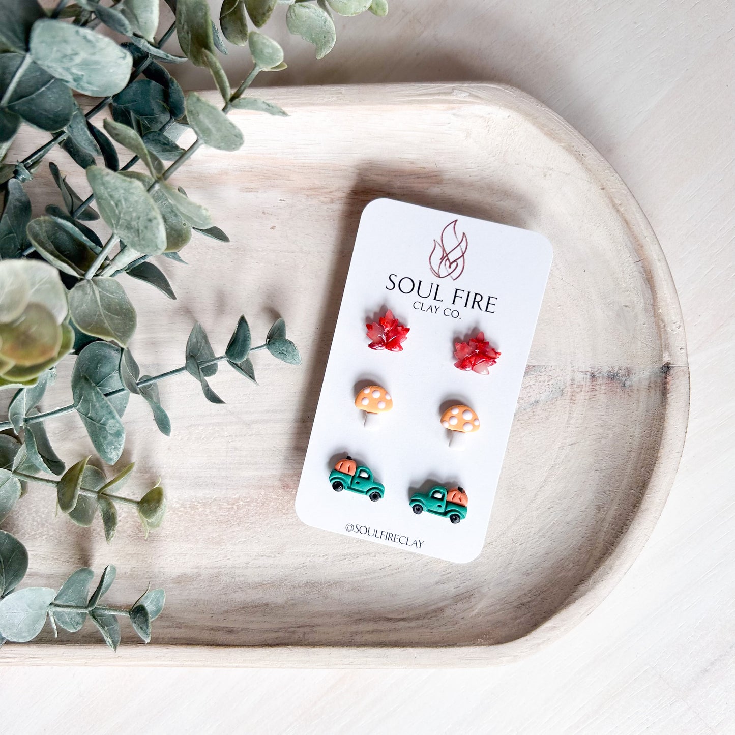 Maple Leaf, Mushroom & Truck Stud Trio - Fall - Statement Earrings