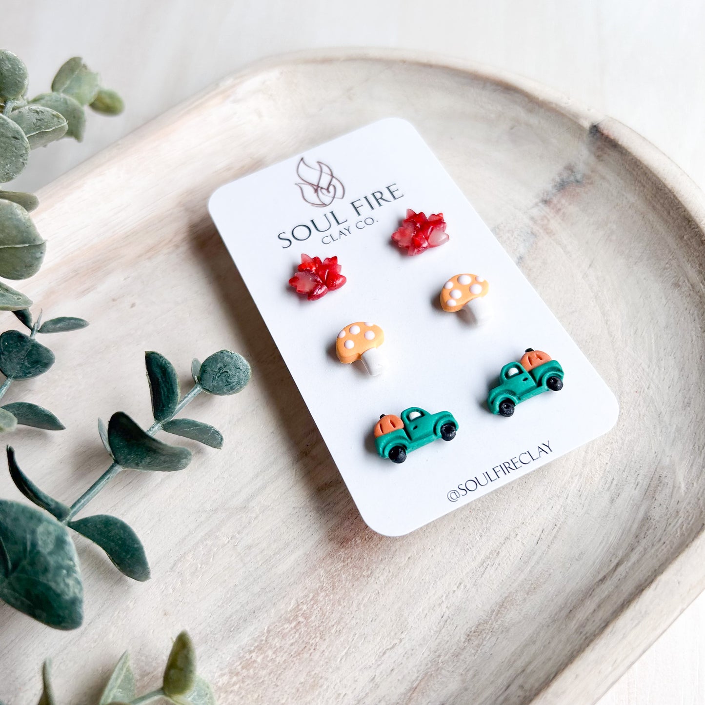 Maple Leaf, Mushroom & Truck Stud Trio - Fall - Statement Earrings