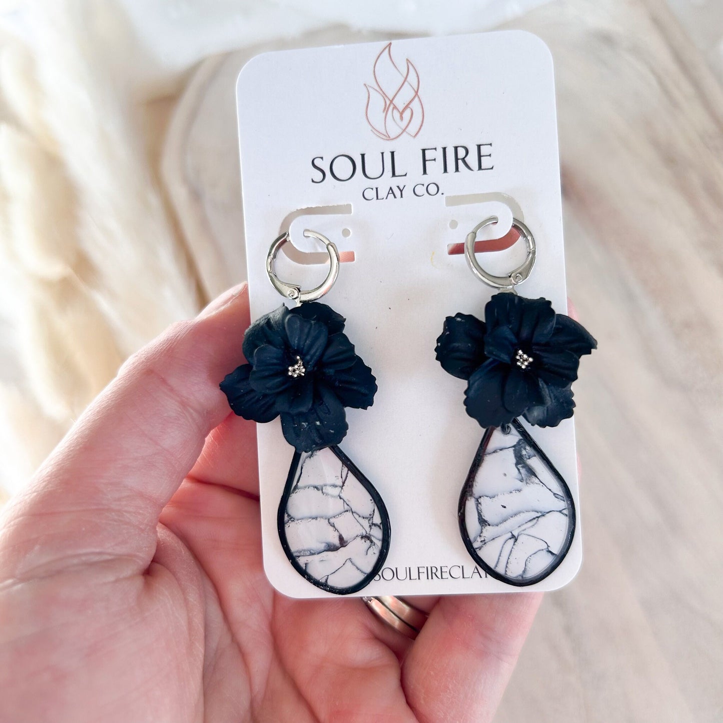 White & Black Marble Floral Stud statement Earrings
