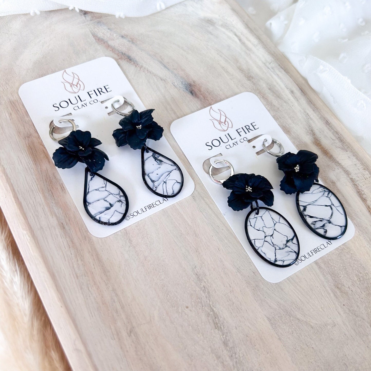White & Black Marble Floral Stud statement Earrings