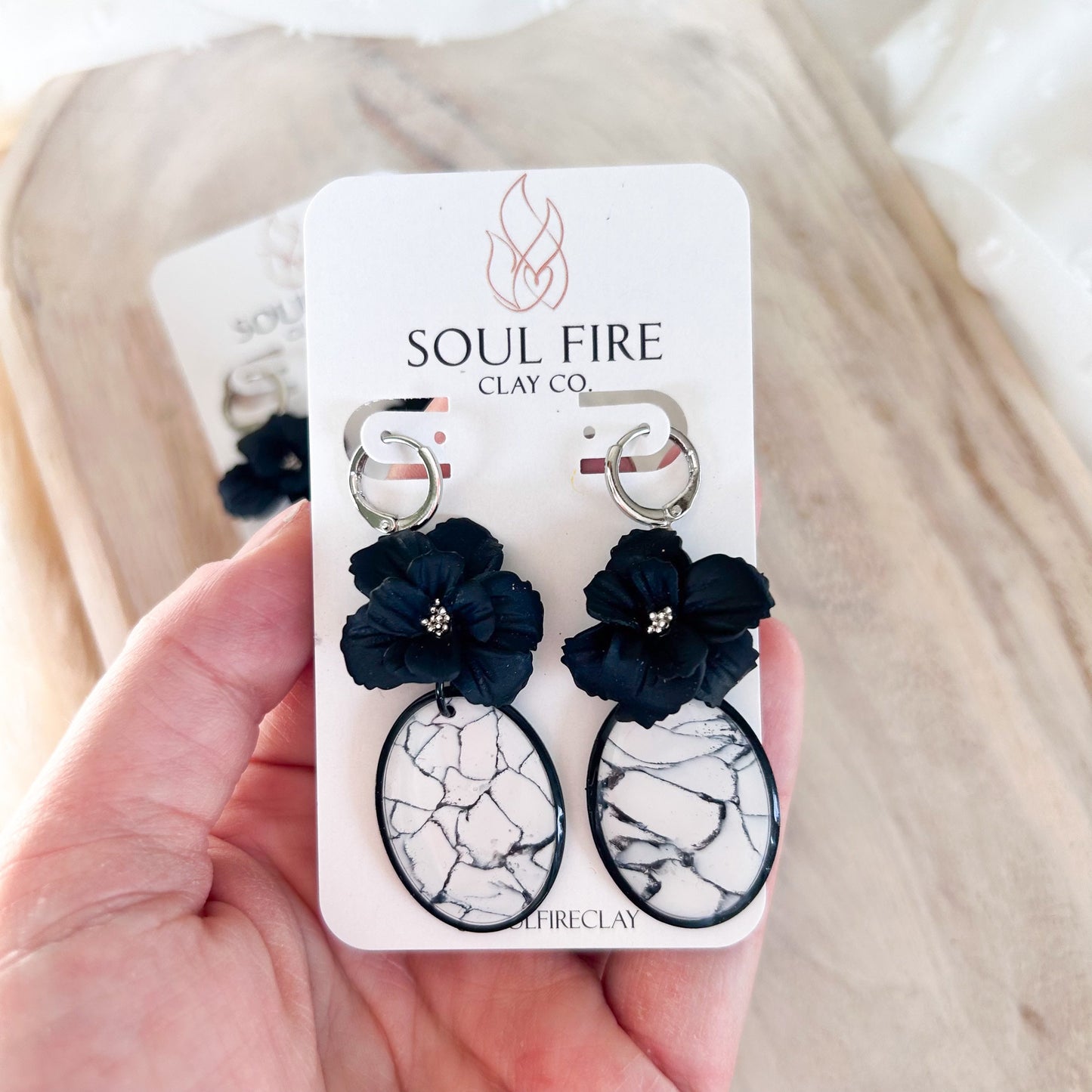 White & Black Marble Floral Stud statement Earrings