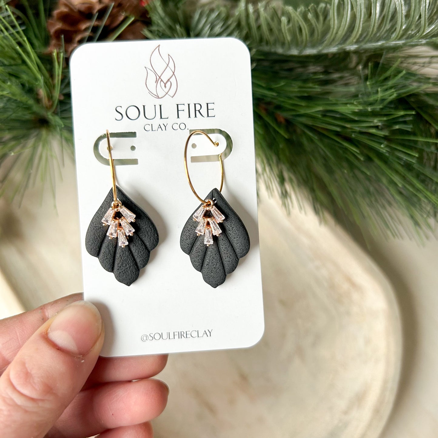 Black scalloped Leaf bling - new years  Statement Earrings