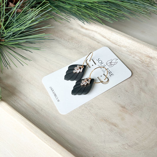 Black scalloped Leaf bling - new years  Statement Earrings