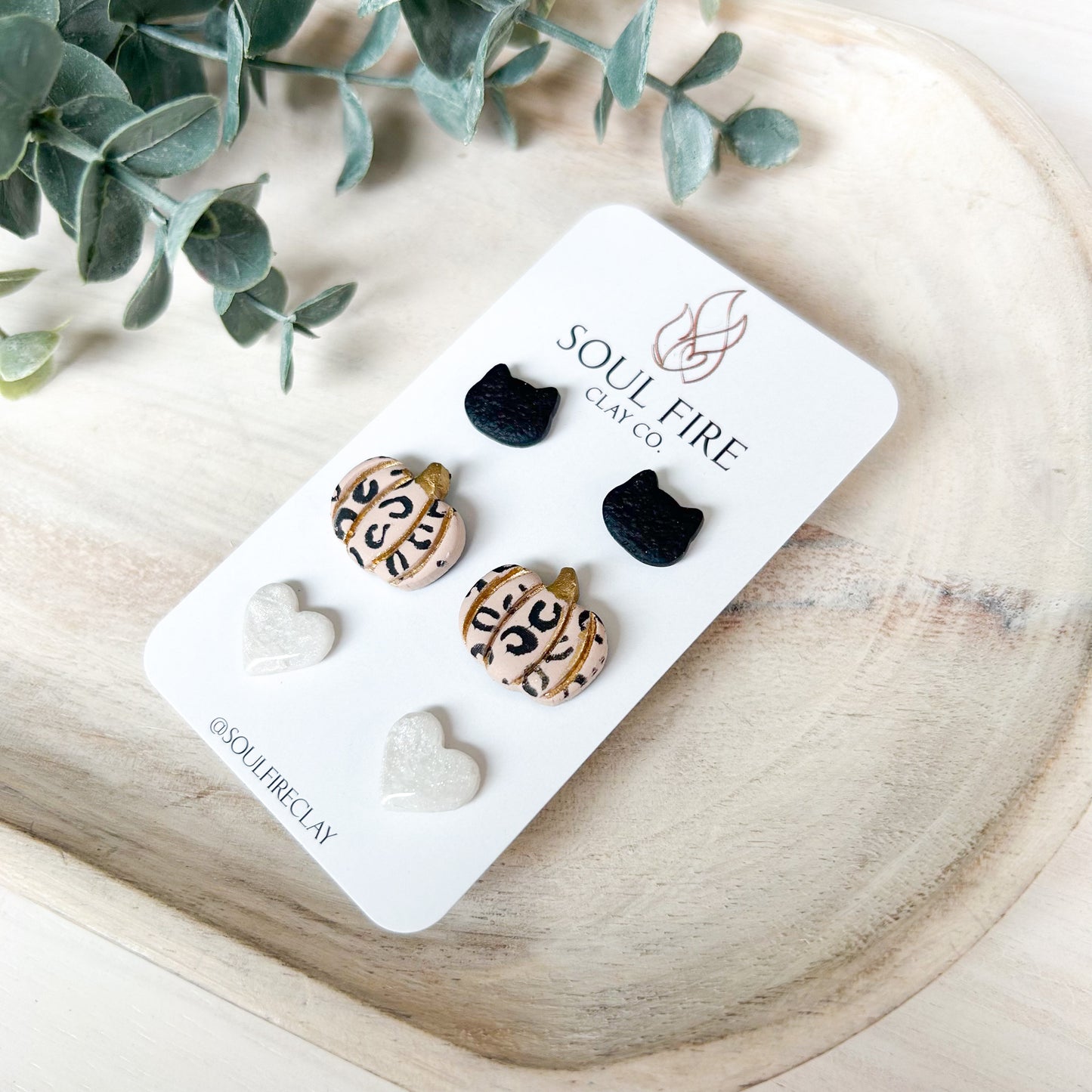 Stud Trio - Leopard Pumpkin, Black Cat & White Heart- Statement Earrings