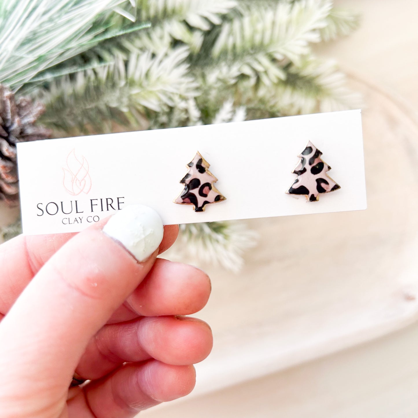 Leopard Print Christmas Tree Stud Earrings