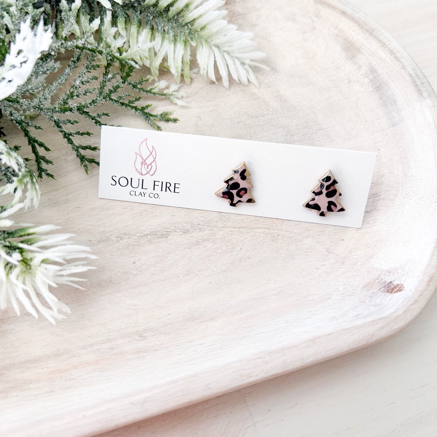 Leopard Print Christmas Tree Stud Earrings