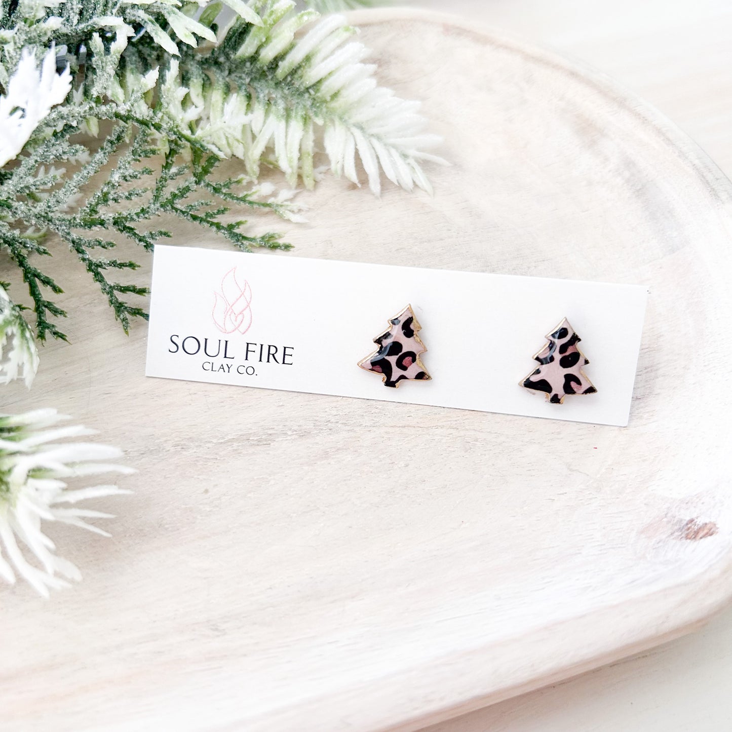 Leopard Print Christmas Tree Stud Earrings