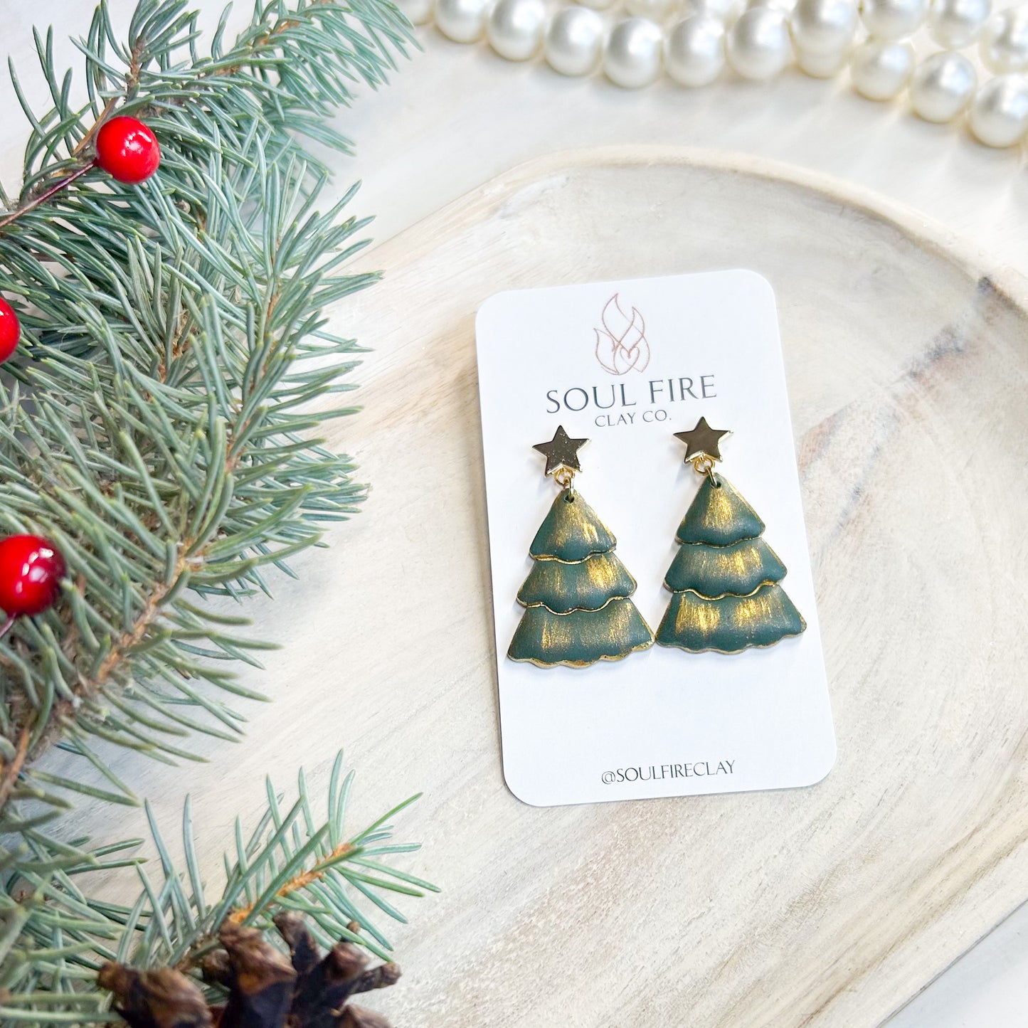 Puffy Green & Gold Tree - Christmas Statement Earrings