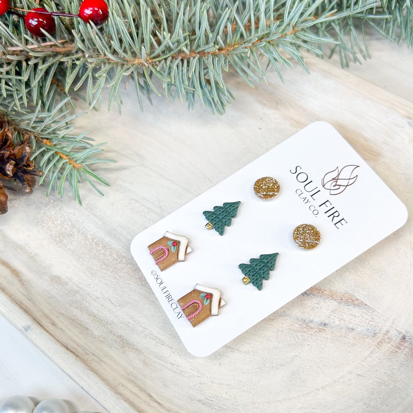 Gingerbread House, Green Tree, Gold Bling - Stud Trio - Christmas Statement Earrings