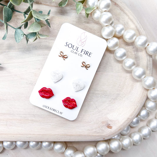 Glitter Lips & Gold Bows Statement Earrings