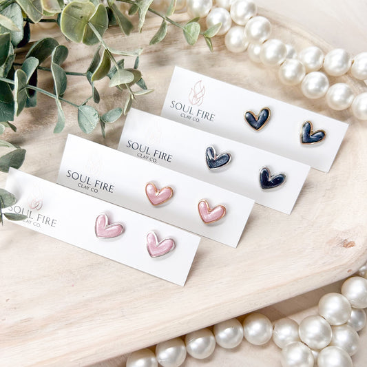 Framed Heart Stud Earrings - Pink & Black