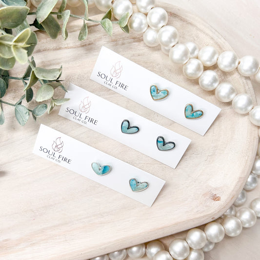 Framed Heart Stud Earrings - Marbled Teal