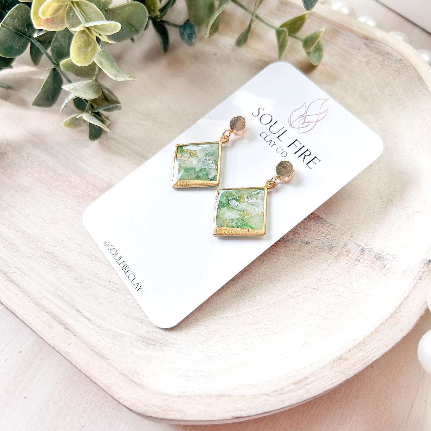 Green Marble "Luck" Diamond Statement Earrings