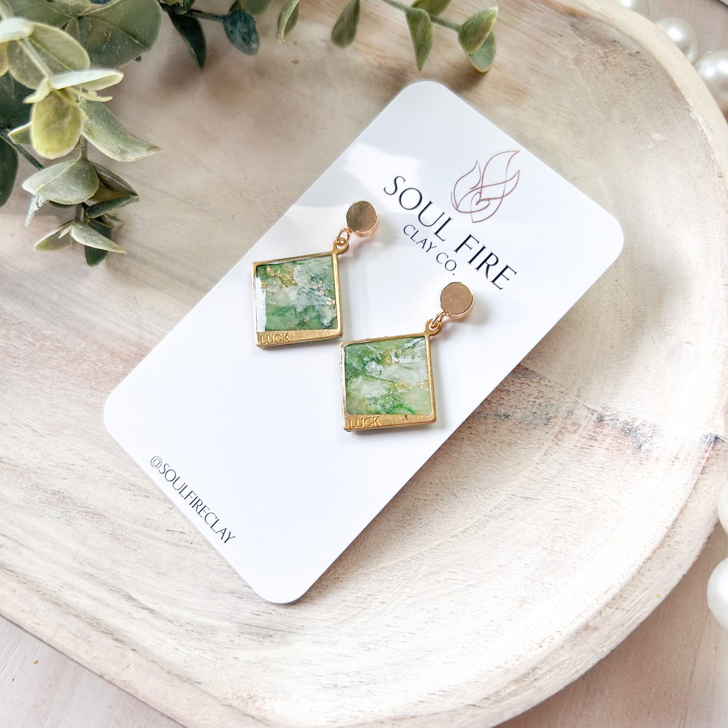 Green Marble "Luck" Diamond Statement Earrings
