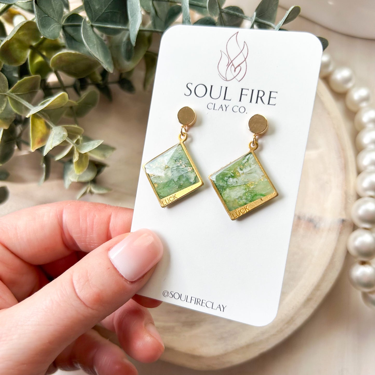 Green Marble "Luck" Diamond Statement Earrings