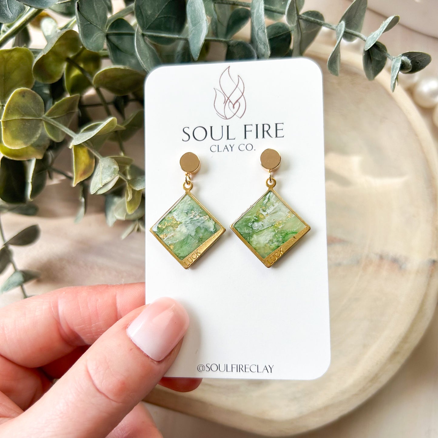 Green Marble "Luck" Diamond Statement Earrings